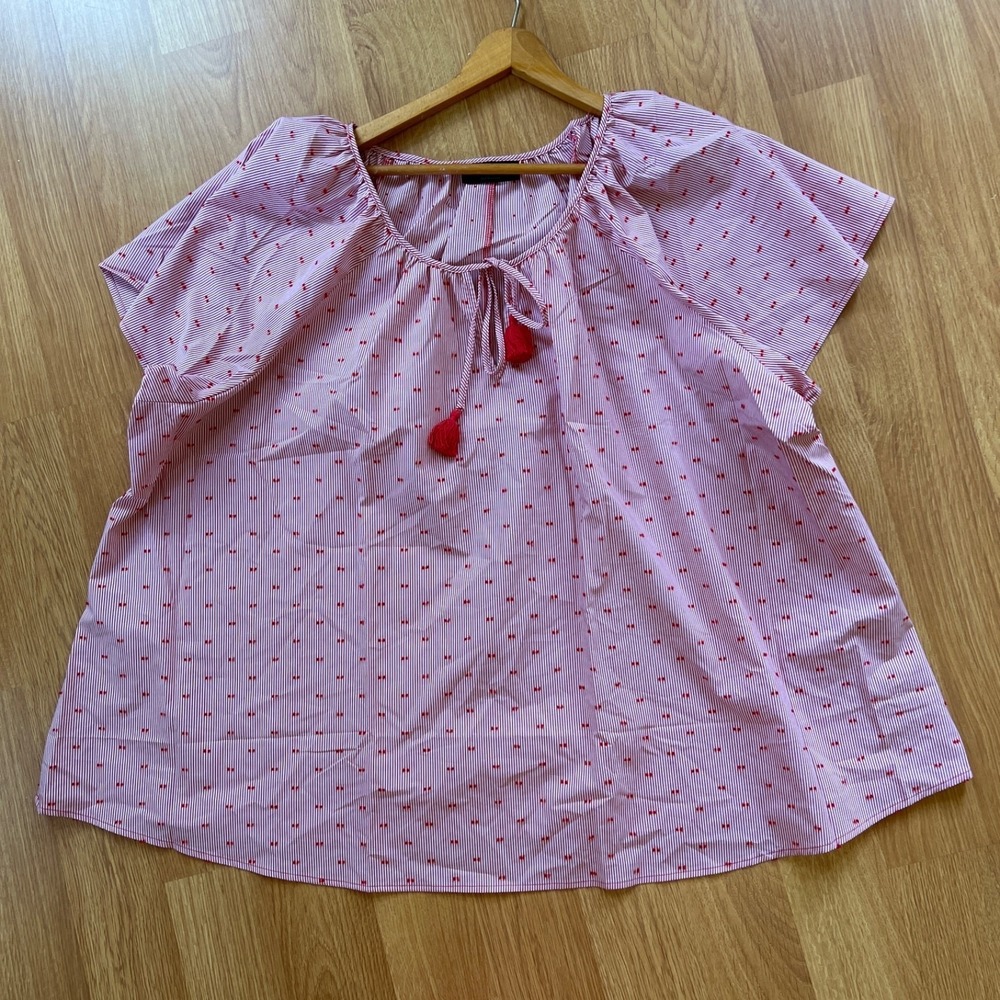 Lane‎ Bryant Boho Top Plus Sz 30/32 Tasseled Flowy Sleeve Embroidery Ruched Neck